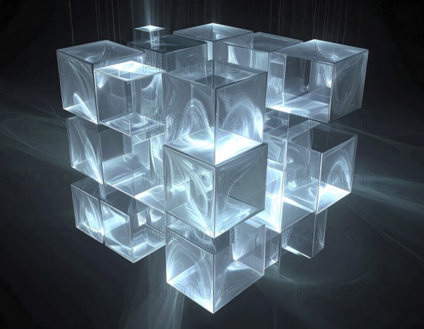 Abstract animation, glass cubes on black background, modern business wallpaper illustration, AI generated