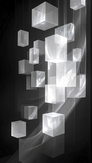 Abstract animation, glass cubes on black background, modern business wallpaper illustration, AI generated