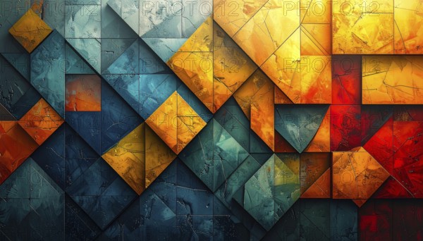 Abstract modern template, geometric effect stylized as mosaic tile, vibrant colorful business wallpaper illustration, pattern and textured geometric forms, wall art poster design, AI generated