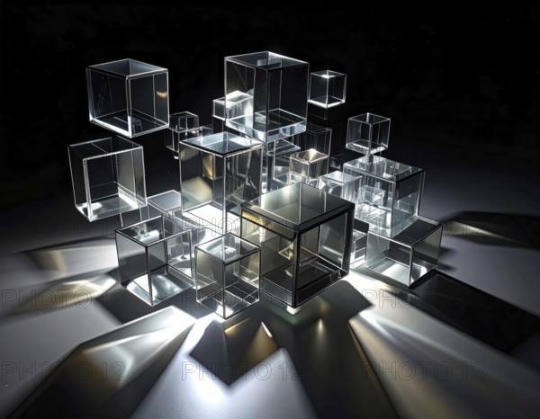Abstract animation, glass cubes on black background, modern business wallpaper illustration, AI generated