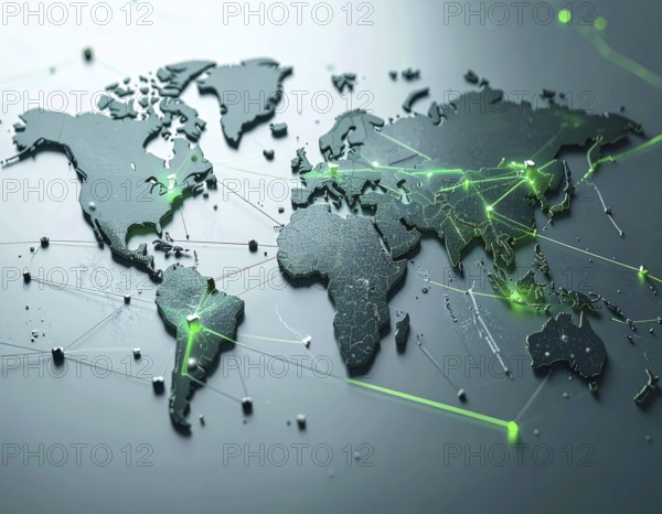 Abstract visualization of global rare earth supply network feeding EV industry, world map design, tech aesthetic, clean lines, rare earth for electric vehicles, AI generetaed, AI generated