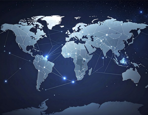Abstract visualization of global rare earth supply network feeding EV industry, world map design, tech aesthetic, clean lines, rare earth for electric vehicles, AI generetaed, AI generated