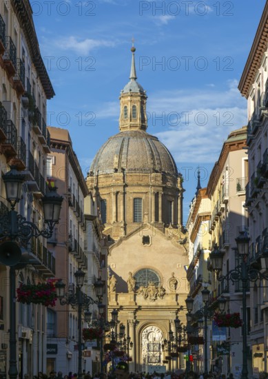 View of Basilica of Our Lady of the Pillar cathedral church from Calle de Alfonso I, Zaragoza, Aragon, Spain