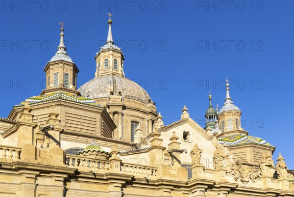 Towers and domes on roof of Basilica of Our Lady of the Pillar cathedral church, Zaragoza, Aragon, Spain