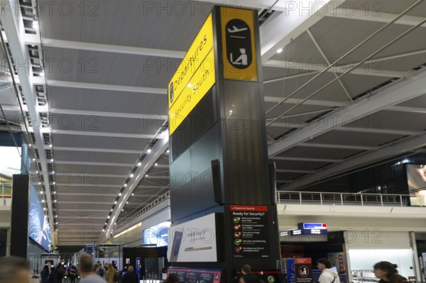 Sign for Security South at departures area, Terminal 5 London Heathrow airport, London, England, UK