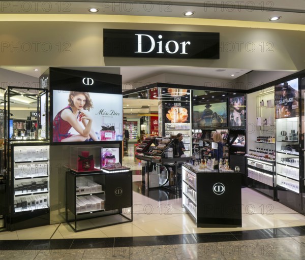 Dior brands on sale, Duty Free shopping area in departures lounge area, Terminal 5, London Heathrow airport, London, England, UK