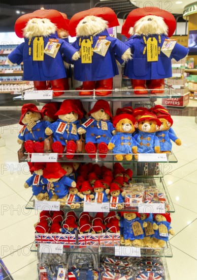 Paddington Bear toys on display, shopping area in departures lounge area, Terminal 5, London Heathrow airport, London, England, UK
