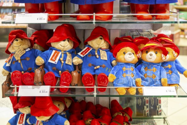 Paddington Bear toys on display, shopping area in departures lounge area, Terminal 5, London Heathrow airport, London, England, UK