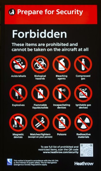 Forbidden items prepare for security electronic notice, Terminal 5 London Heathrow airport, London, England, UK