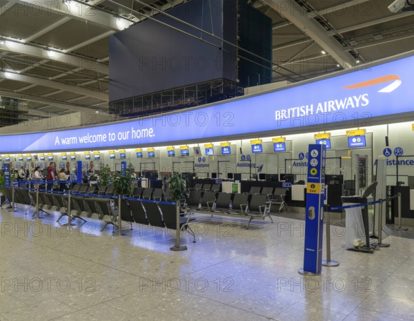 British Airways check in bag drop area, Terminal 5 London Heathrow airport, London, England, UK