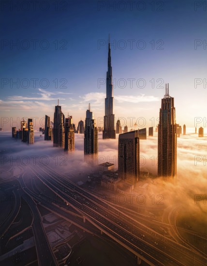 City scape emerging from a dense enveloping fog in sunrise and skyscrapers piercing the haze, big metropolis with skyline, mist on ground, blue sky, city in an aerial view, AI generated