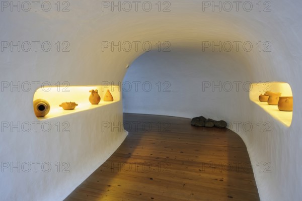 Interior corridor corridor in building designed by Cesar Manrique with the collaboration of Jesús Soto and architect Eduardo Caceres with panoramic views of the Chinijo Archipelago, Lanzarote, Canary Islands, Spain