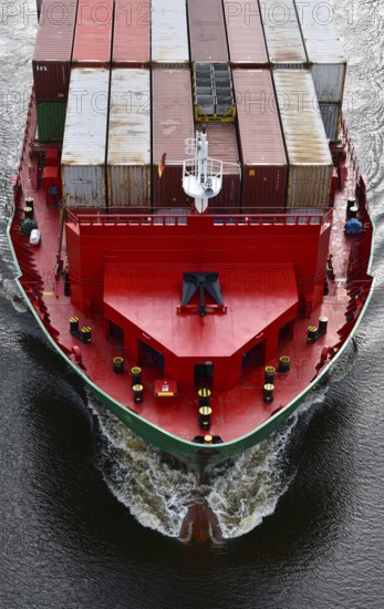 Aerial view of a container ship in the Kiel Canal, NOK, Kiel Canal, Kiel Canal, Schleswig-Holstein, Germany