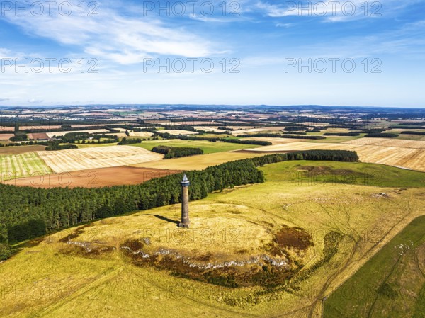 Waterloo Monument over Scottish fields and farms from a drone, Jedburgh, Scotland, UK