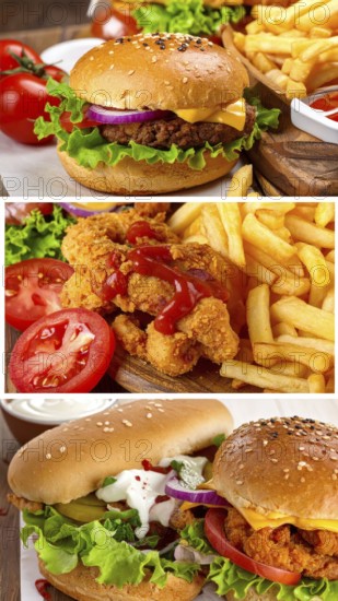 Collage of various fast food meals. beagles, hamburger, cheeseburger, french fries and a view green salad pieces, unhealthy lifestyle, symbol for bad nutrition, wallpaper illustration for banner or template background, AI generated