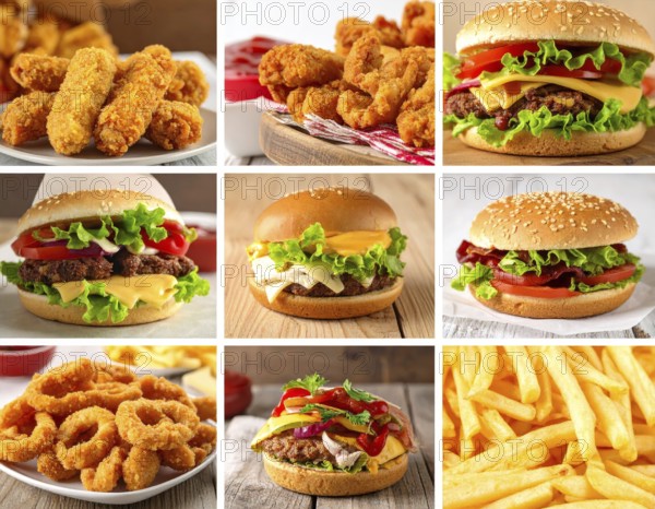 Collage of various fast food meals. beagles, hamburger, cheeseburger, french fries and a view green salad pieces, unhealthy lifestyle, symbol for bad nutrition, wallpaper illustration for banner or template background, AI generated