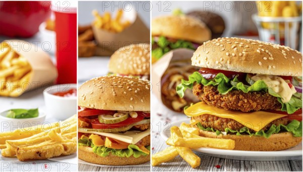 Collage of various fast food meals. beagles, hamburger, cheeseburger, french fries and a view green salad pieces, unhealthy lifestyle, symbol for bad nutrition, wallpaper illustration for banner or template background, AI generated