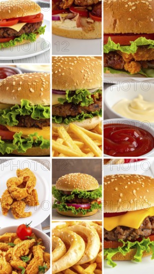 Collage of various fast food meals. beagles, hamburger, cheeseburger, french fries and a view green salad pieces, unhealthy lifestyle, symbol for bad nutrition, wallpaper illustration for banner or template background, AI generated