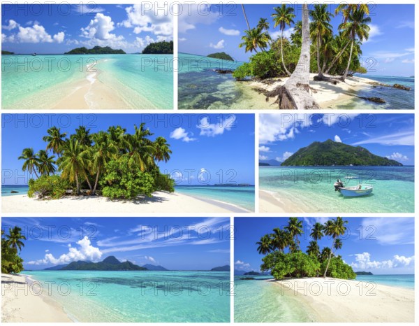 Collage of tropical islands with beach and palm trees, paradise with blue cloudy sky, turquoise water, green plant, sandy shore, wallpaper illustration, template or banner for ecology, sustainability, landscape and travel, AI generated