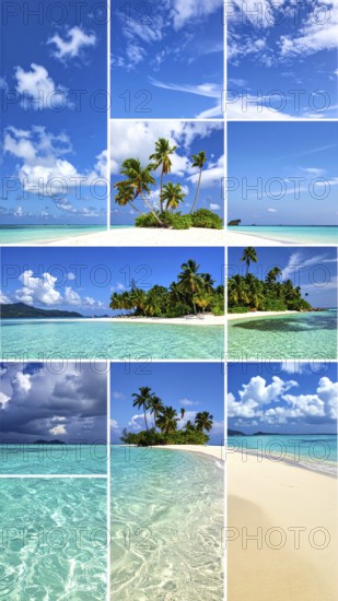 Collage of tropical islands with beach and palm trees, paradise with blue cloudy sky, turquoise water, green plant, sandy shore, wallpaper illustration, template or banner for ecology, sustainability, landscape and travel, AI generated