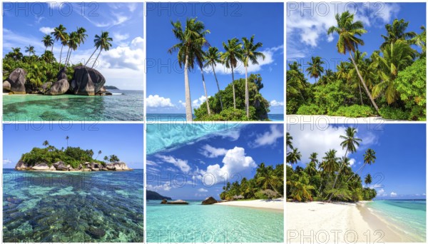 Collage of tropical islands with beach and palm trees, paradise with blue cloudy sky, turquoise water, green plant, sandy shore, wallpaper illustration, template or banner for ecology, sustainability, landscape and travel, AI generated