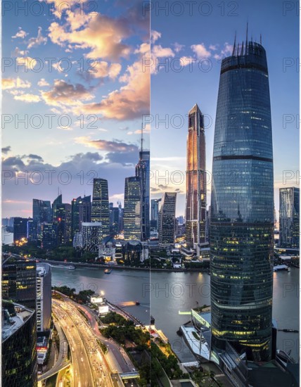 Collage of skyscrapers of a metropolitan city, various skylines with different blue sky in sunset, urban wallpaper illustration background, banner or template for real estate and travel themes, AI generated