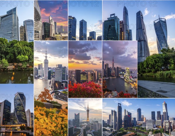 Collage of skyscrapers of a metropolitan city, various skylines with different blue sky in sunset, urban wallpaper illustration background, banner or template for real estate and travel themes, AI generated