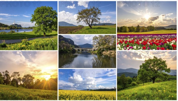 Collage of spring and summer landscapes, blooming flowers, green meadows and trees, hilly landscape with mountains, blue cloudy sky with sunrise or sunset, wallpaper illustration for banner or template background, AI generated