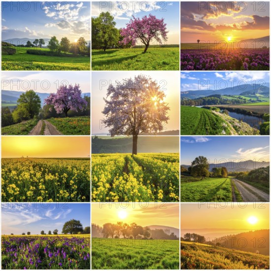 Collage of spring and summer landscapes, blooming flowers, green meadows and trees, hilly landscape with mountains, blue cloudy sky with sunrise or sunset, wallpaper illustration for banner or template background, AI generated