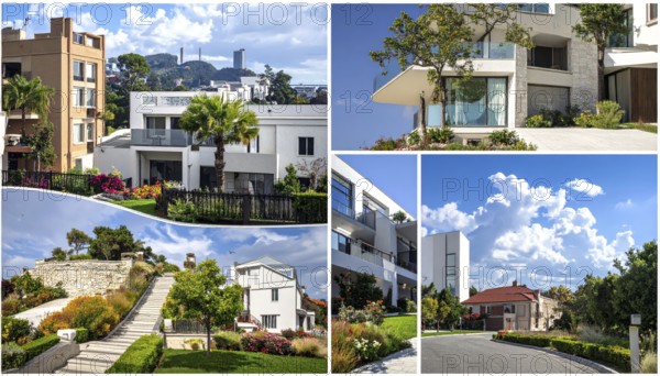 Collage of real estate residential building, modern architecture style, surrounded by green garden, variety of apartments, villas and luxurious homes. blue cloudy sky with sunset or sunrise, conceptual illustration, wallpaper for banner, poster or template, AI generated