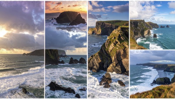 Collage of coastal landscapes with cliffs and shore break, spectacular nature, cloudy sky with beautiful sunset or sunrise, variety of travel destination for road trip or hiking, wallpaper illustration for banner, poster or template, AI generated