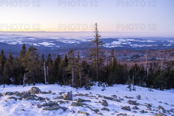View from Mount Lusen over the hills of the bavarian forest at sunrise in winter, Bavaria, Germany