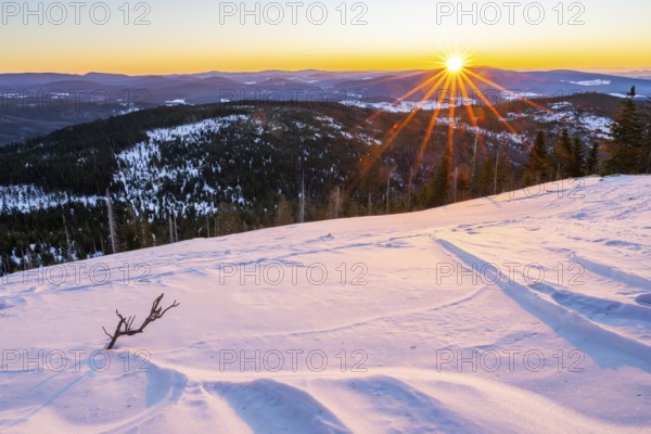 Sunrise over the hills of czech republic from Mount Lusen wth the view over the hills of the bavarian forest in winter, Bavaria, Germany