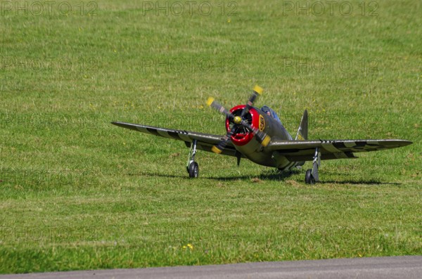An RC model of a Republic P-47 Thunderbolt during a demonstration as part of an air show at the Fliegerbergfest of the Rossfeld Luftsportverein in Metzingen-Glems, Baden-Württemberg, Germany, for editorial use only
