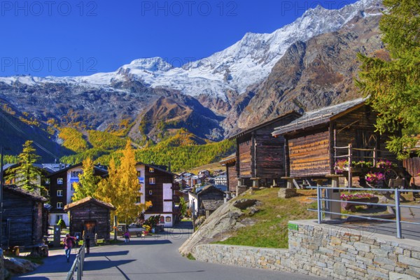 Typical granaries on the outskirts of the village with Alphubel 4206m and Mischabel group 4545m in autumn, Saas-Fee, Saasertal, Valais, Switzerland