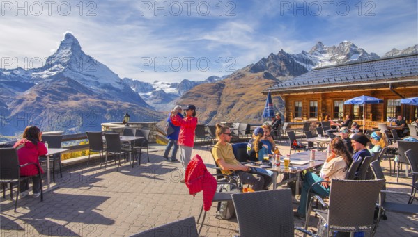 Sun terrace at mountain house on the Sunnegga with Matterhorn 4478 m, Zermatt, Mattertal, Valais, Switzerland