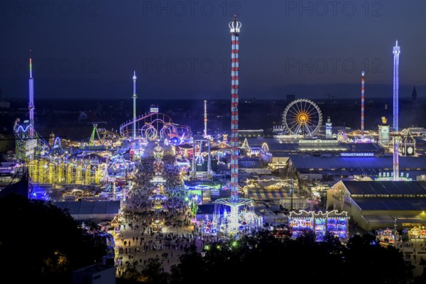 View of Oktoberfest from St. Paul's Catholic Church, Blue Hour, Munich, Bavaria, Germany