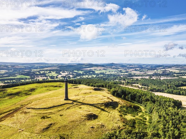 Waterloo Monument over Scottish fields and farms from a drone, Jedburgh, Scotland, UK