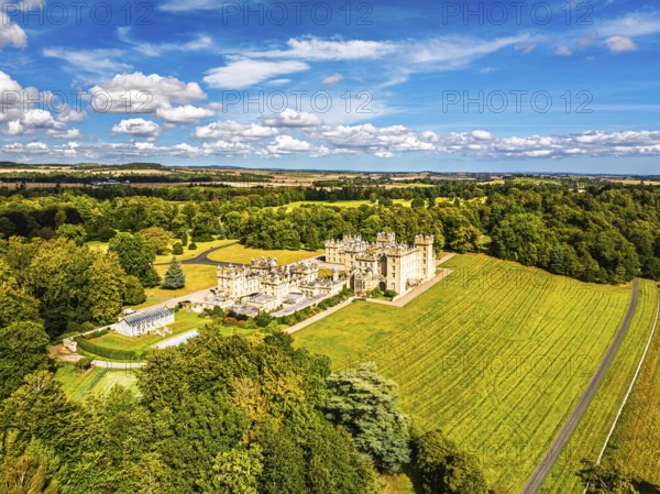 Floors Castle and garden from a drone, Duke of Roxburghe, Roxburghshire, Scotland, UK