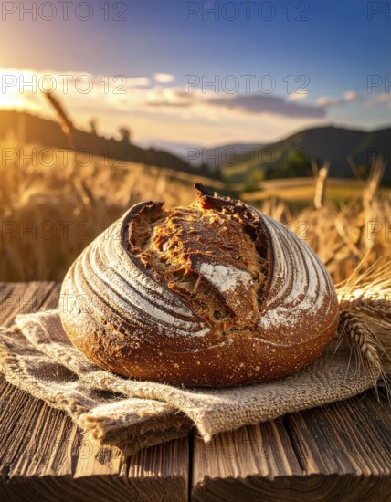 Rustic loaf of whole grain bread, fresh baked, close up of bread on dark wooden table, golden rust, soft lighting with blurred background, symbol for bakery and agriculture, healthy eating background, AI generated
