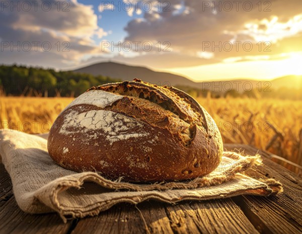 Rustic loaf of whole grain bread, fresh baked, close up of bread on dark wooden table, golden rust, soft lighting with blurred background, symbol for bakery and agriculture, healthy eating background, AI generated