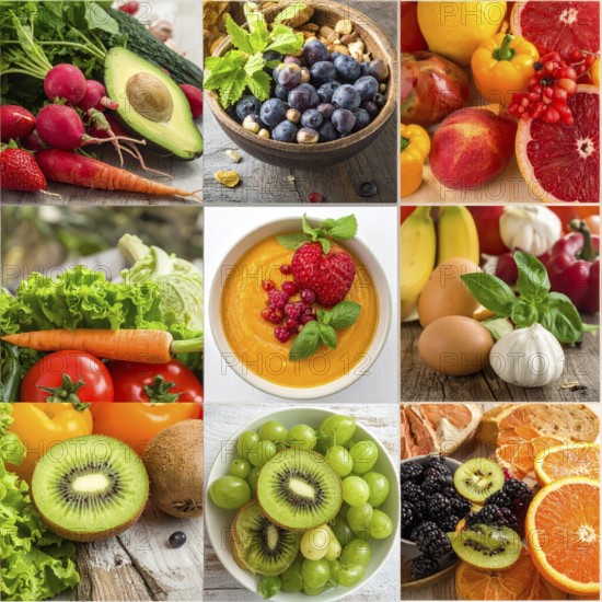 Food collage of various biological and organic fruits and vegetables, fresh healthy lifestyle, with a variety of vitamins, citrus fruits, green and red organic vegetables, kiwi, bananas, apple, avocados, tomatoes and green salad, symbolic background illustration for banner, template or wallpaper, AI generated