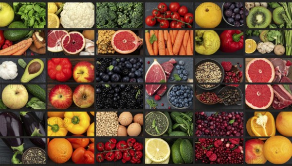 Food collage of various biological and organic fruits and vegetables, fresh healthy lifestyle, with a variety of vitamins, citrus fruits, green and red organic vegetables, kiwi, bananas, apple, avocados, tomatoes and green salad, symbolic background illustration for banner, template or wallpaper, AI generated