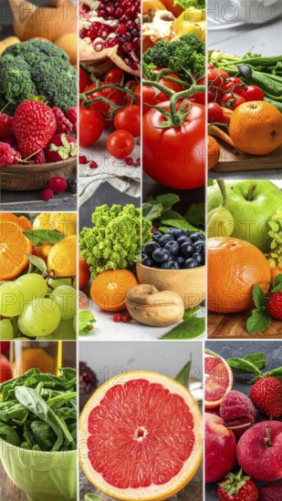 Food collage of various biological and organic fruits and vegetables, fresh healthy lifestyle, with a variety of vitamins, citrus fruits, green and red organic vegetables, kiwi, bananas, apple, avocados, tomatoes and green salad, symbolic background illustration for banner, template or wallpaper, AI generated