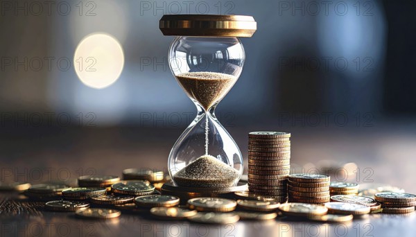 Hourglass and stacked golden coins, illustrating currency fluctuation and time impact commodities value, symbolizing fluctuating finance market changes, business setting, glass with sand on wooden table in the office, blurred background, wallpaper illustration, AI generated