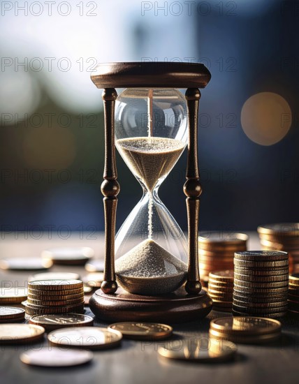 Hourglass and stacked golden coins, illustrating currency fluctuation and time impact commodities value, symbolizing fluctuating finance market changes, business setting, glass with sand on wooden table in the office, blurred background, wallpaper illustration, AI generated