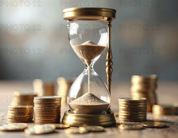 Hourglass and stacked golden coins, illustrating currency fluctuation and time impact commodities value, symbolizing fluctuating finance market changes, business setting, glass with sand on wooden table in the office, blurred background, wallpaper illustration, AI generated