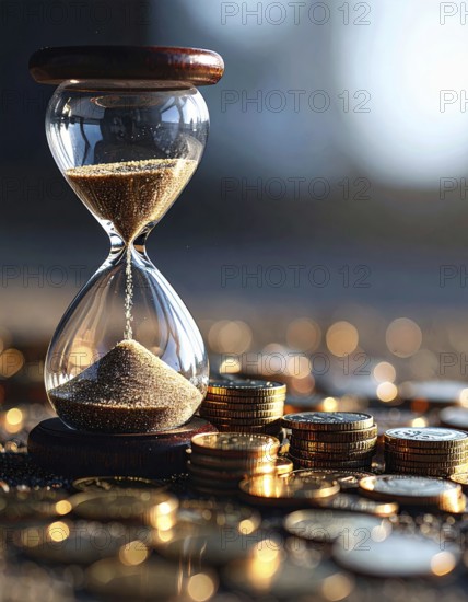 Hourglass and stacked golden coins, illustrating currency fluctuation and time impact commodities value, symbolizing fluctuating finance market changes, business setting, glass with sand on wooden table in the office, blurred background, wallpaper illustration, AI generated
