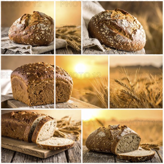 Collage of rustic loaf of whole grain bread, bread on dark rustic wooden table, great variety of grain and whole wheat bread, illustration wallpaper for bakery and healthy food lifestyle, AI generated