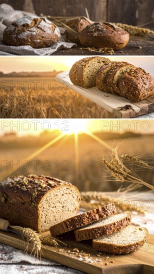 Collage of rustic loaf of whole grain bread, bread on dark rustic wooden table, great variety of grain and whole wheat bread, illustration wallpaper for bakery and healthy food lifestyle, AI generated